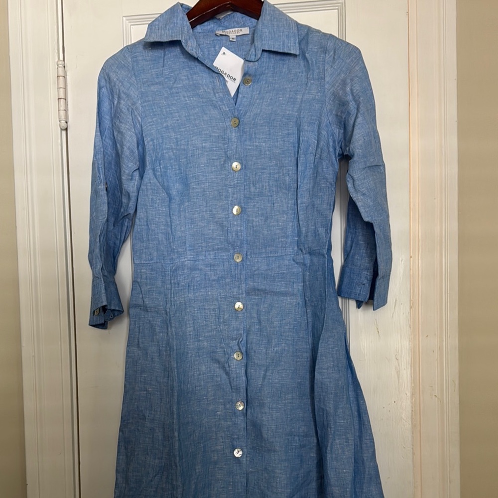 Blue 3/4 Sleeve Notched Collar Shirt Dress